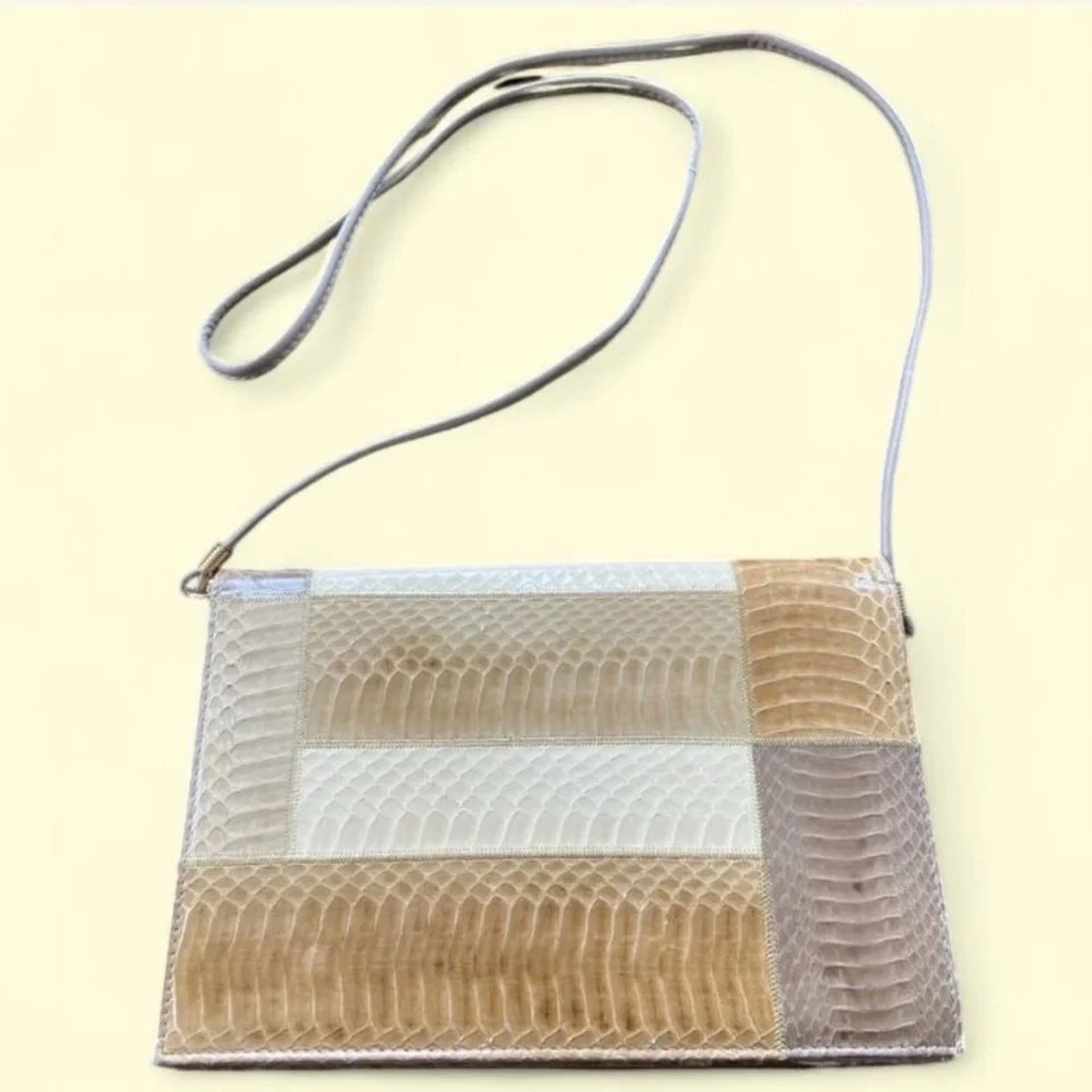 Vintage 70s J Renee Snakeskin Beige Clutch‎ Satchel Handbag Women’s Purse